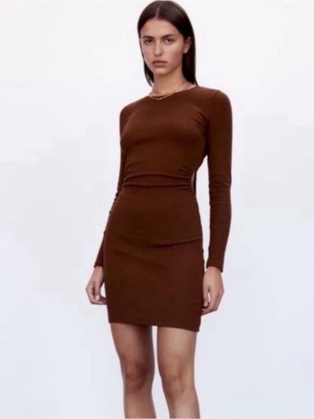 Nwt Zara Women's Long Sleeve Brown Bodycon Mini Dress